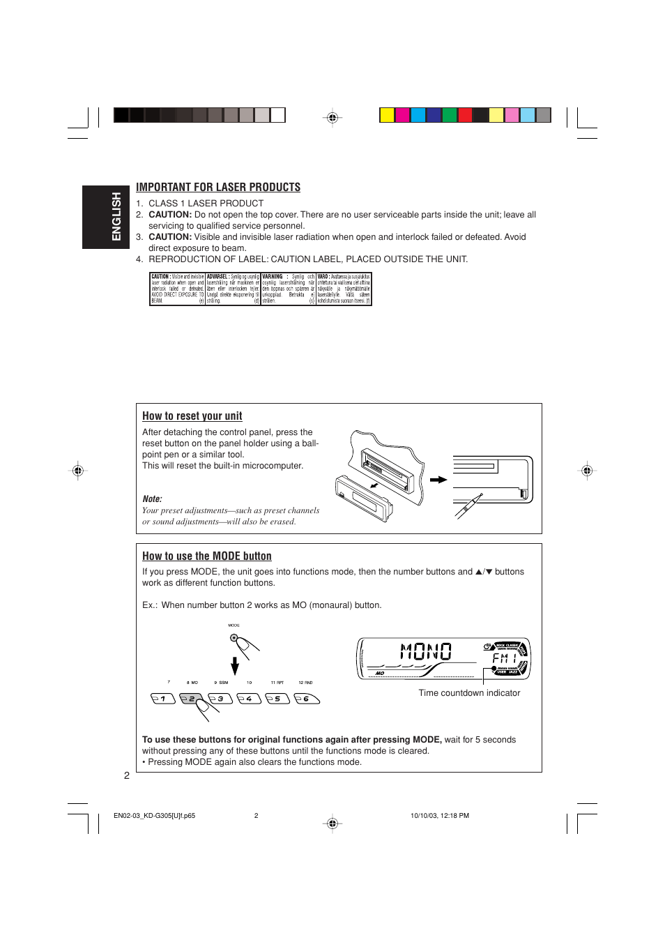 Important for laser products, English important for laser products, How to reset your unit | How to use the mode button | JVC KD-G305 User Manual | Page 2 / 36