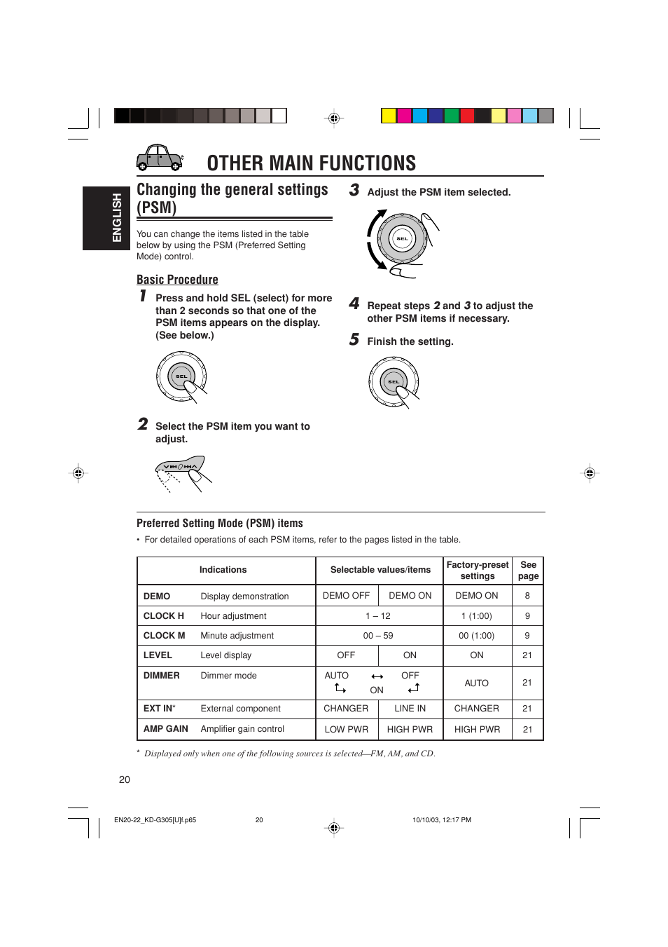 Other main functions, Changing the general settings (psm), Basic procedure | JVC KD-G305 User Manual | Page 20 / 36