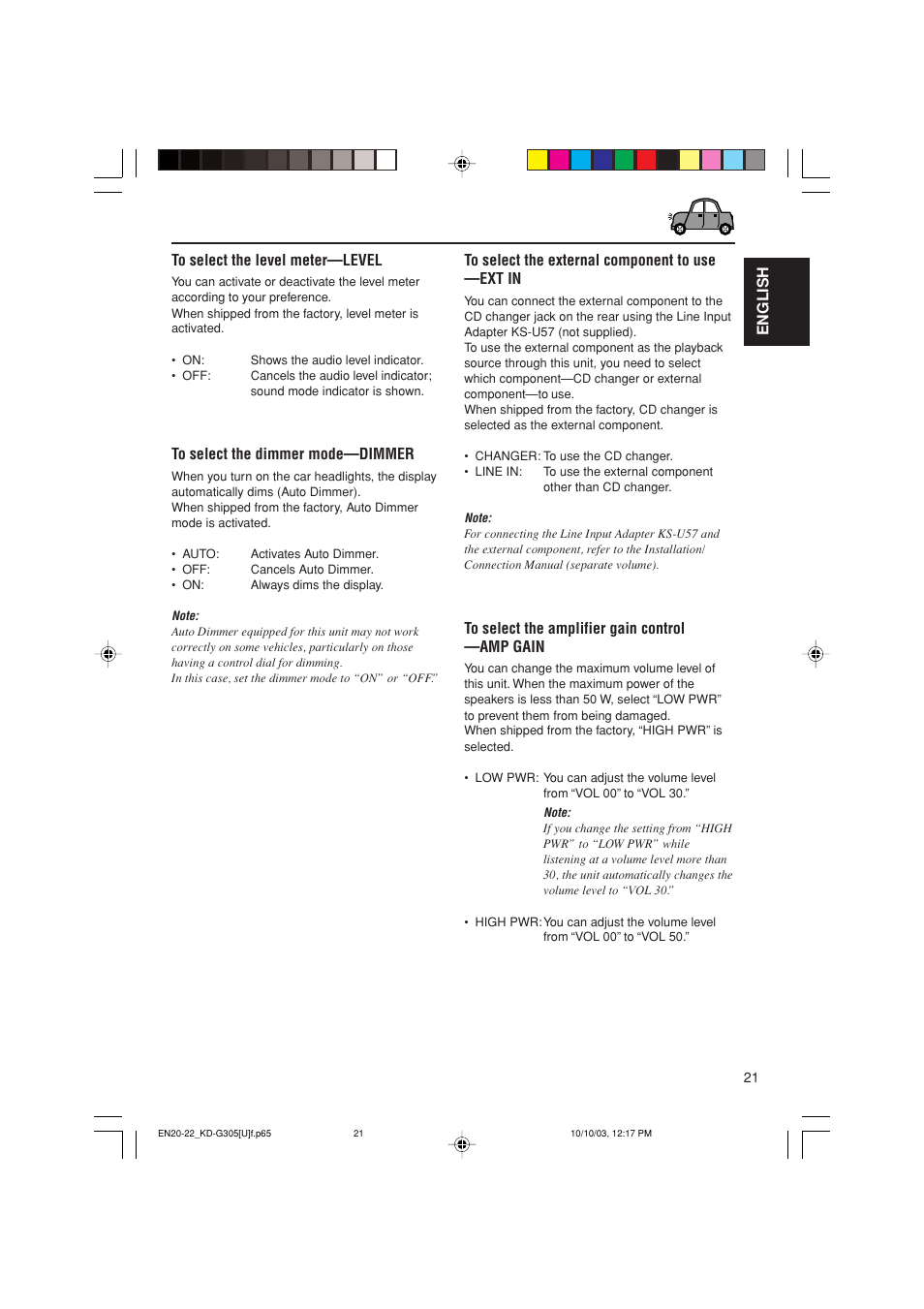 English to select the level meter—level | JVC KD-G305 User Manual | Page 21 / 36