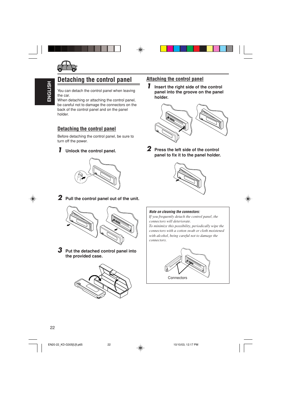 Detaching the control panel | JVC KD-G305 User Manual | Page 22 / 36