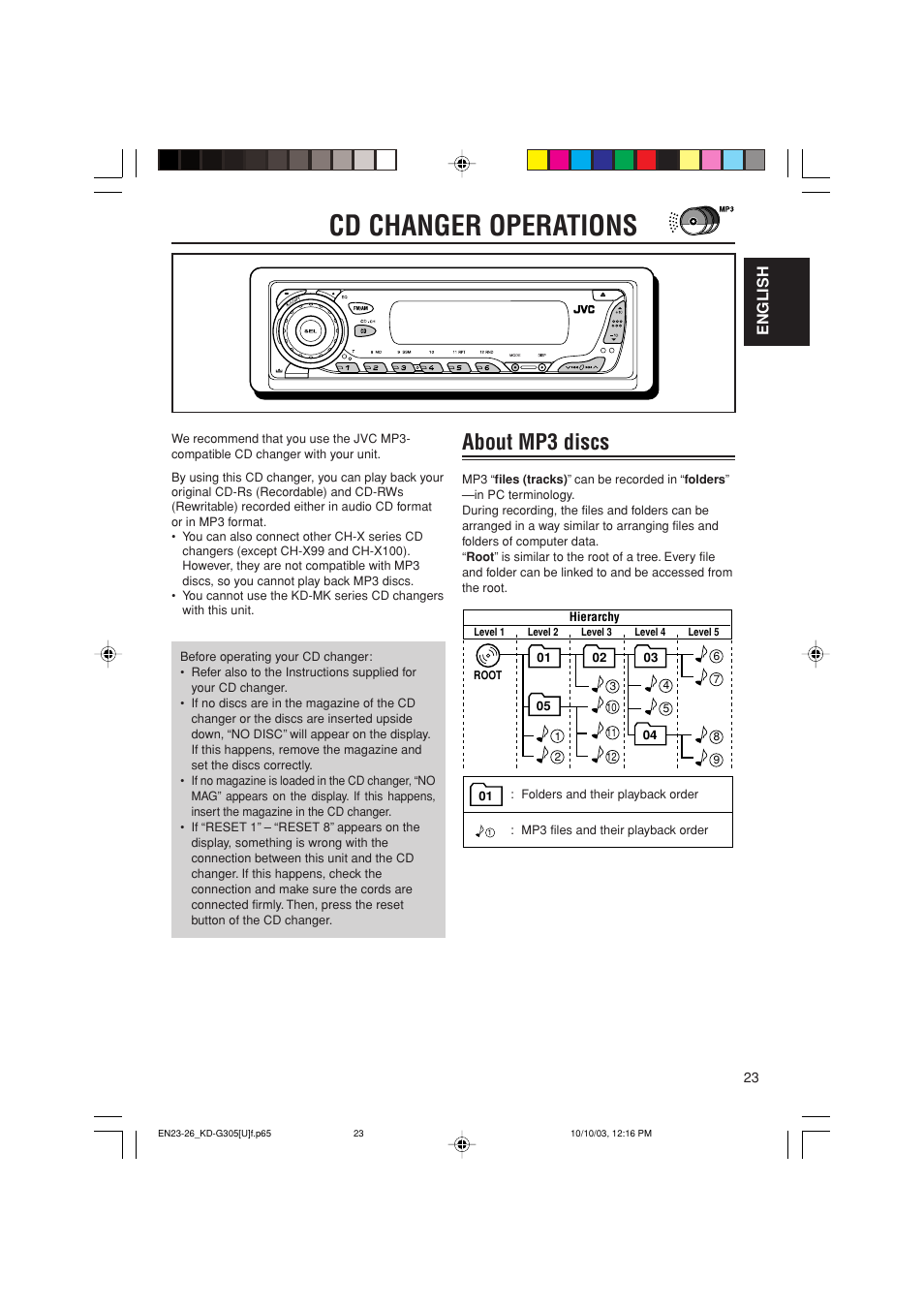 Cd changer operations, About mp3 discs, English | JVC KD-G305 User Manual | Page 23 / 36