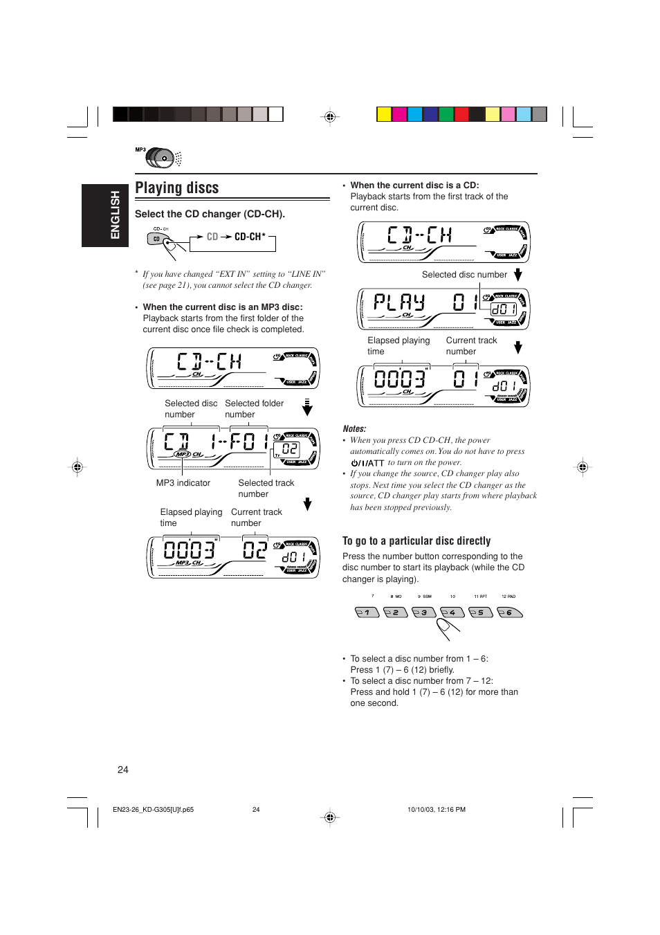 Playing discs, English | JVC KD-G305 User Manual | Page 24 / 36