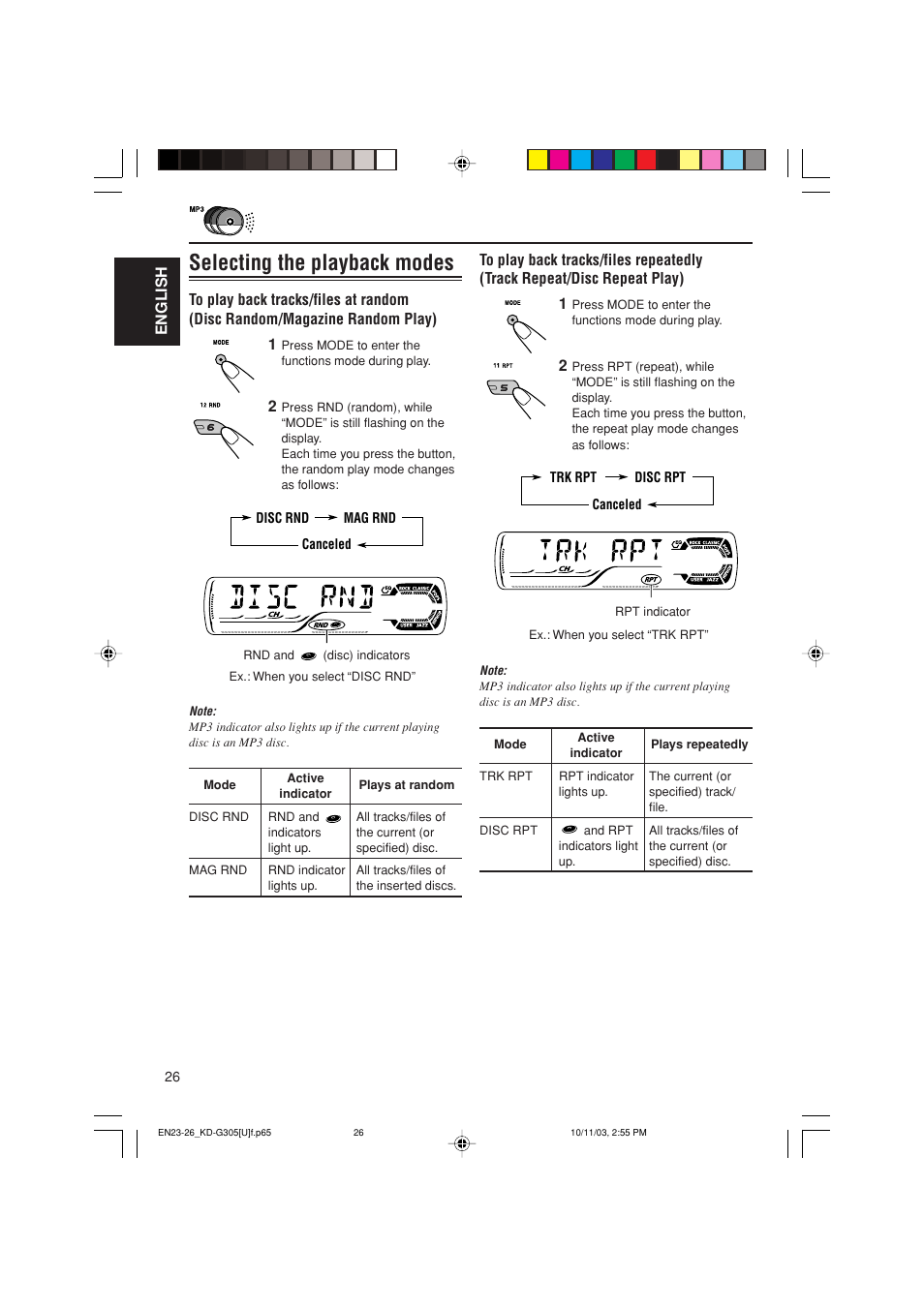 Selecting the playback modes | JVC KD-G305 User Manual | Page 26 / 36