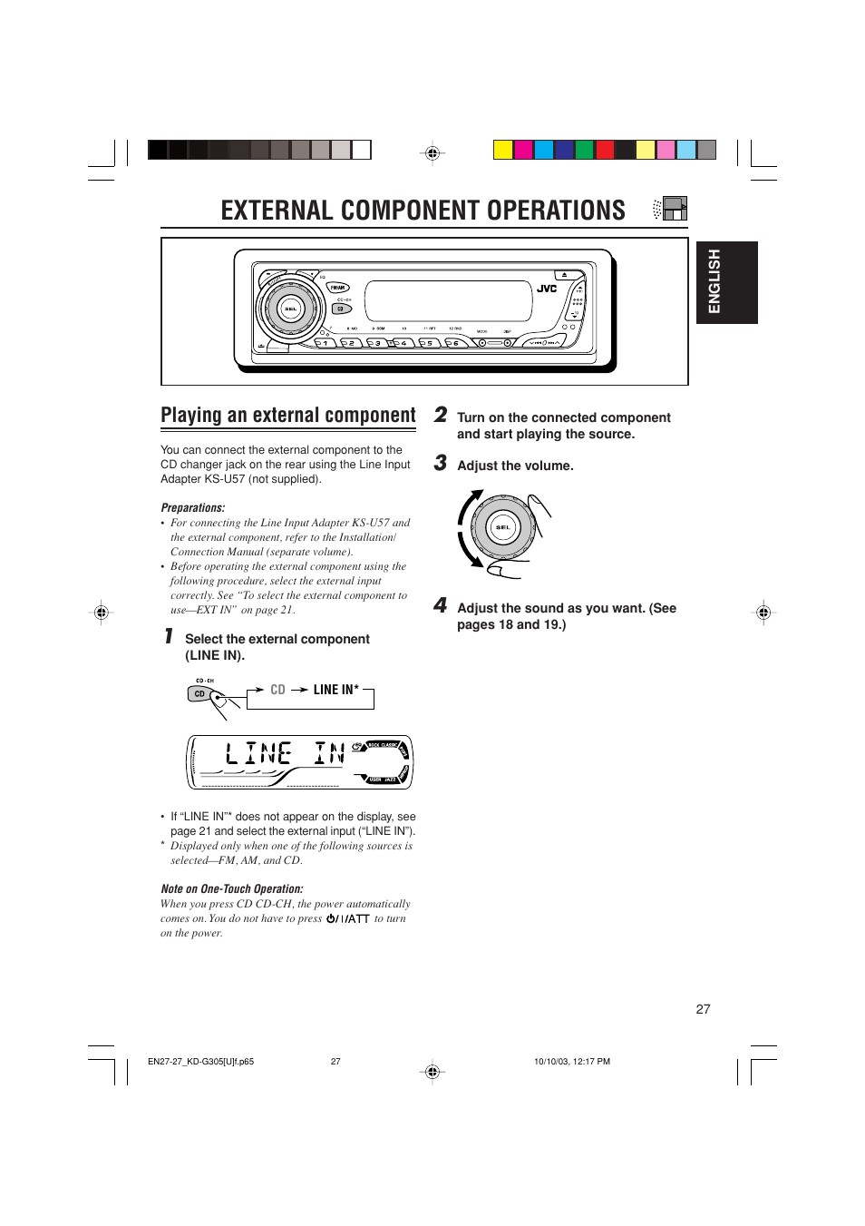 External component operations, Playing an external component | JVC KD-G305 User Manual | Page 27 / 36