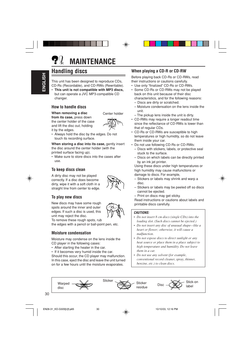 Maintenance, Handling discs | JVC KD-G305 User Manual | Page 30 / 36