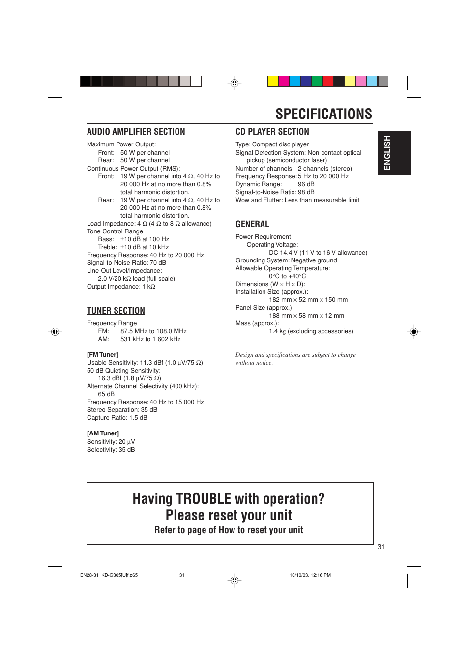 Specifications, Refer to page of how to reset your unit, General | JVC KD-G305 User Manual | Page 31 / 36