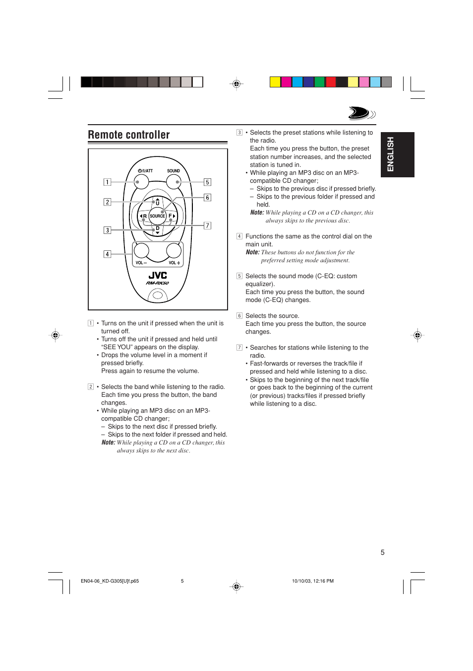 Remote controller, English | JVC KD-G305 User Manual | Page 5 / 36