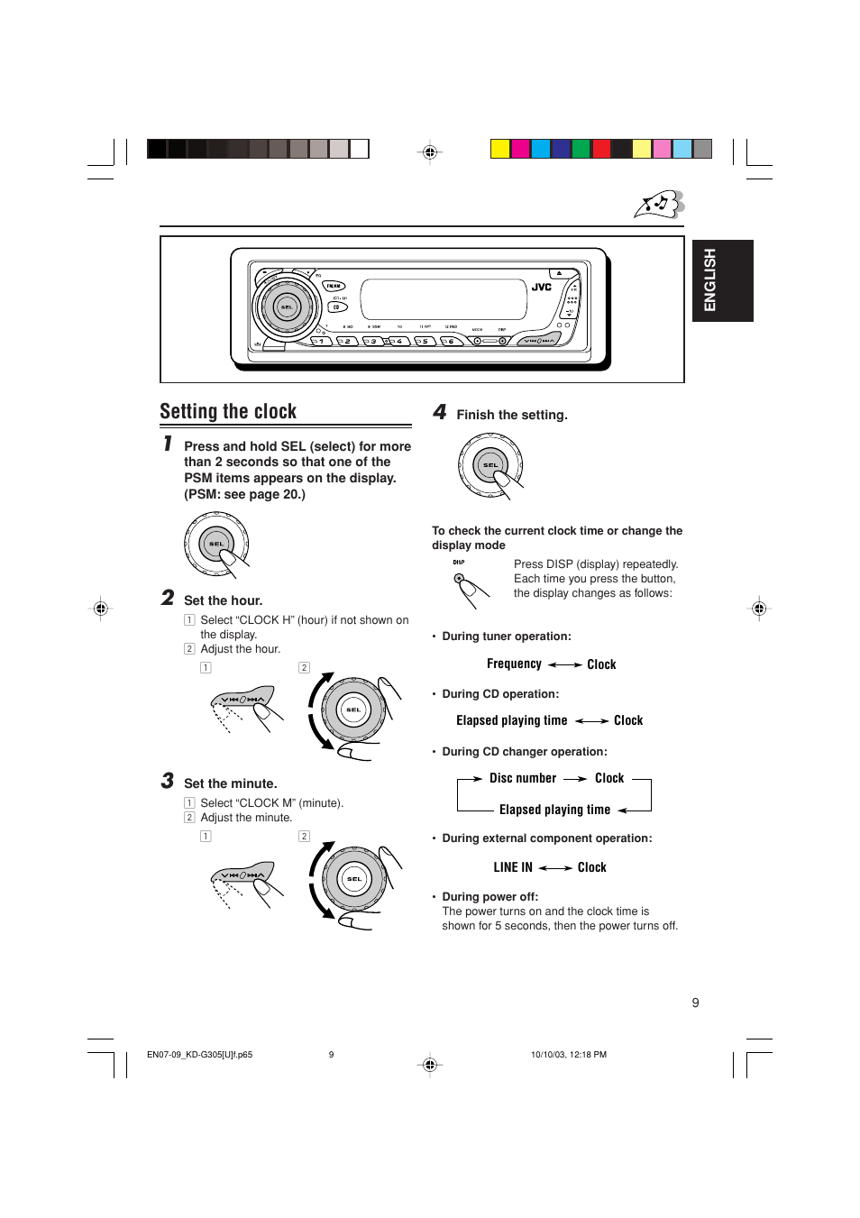 Setting the clock 1 | JVC KD-G305 User Manual | Page 9 / 36