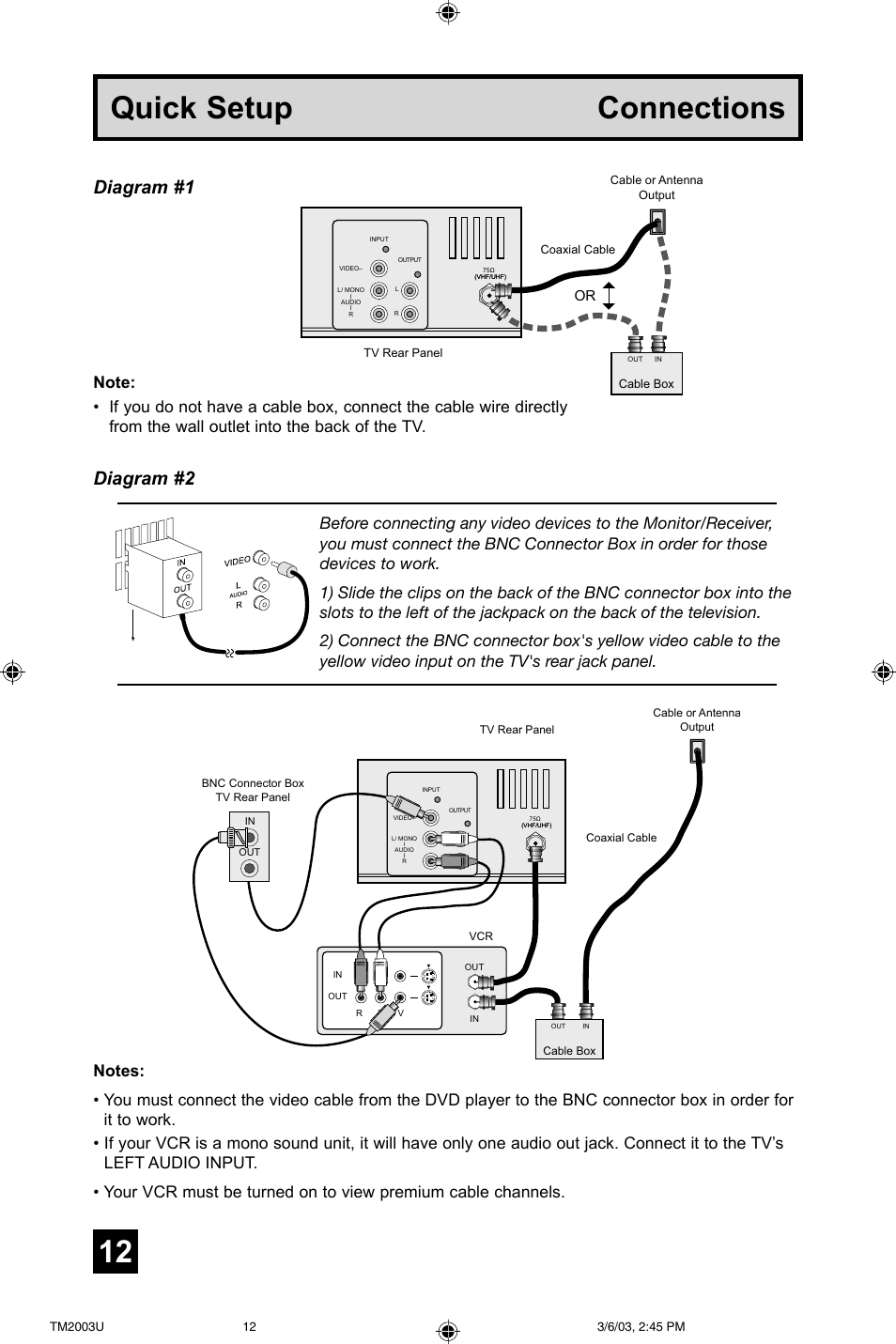 Quick setup connections, Diagram #1, Diagram #2 | JVC TM-2003U User Manual | Page 12 / 40