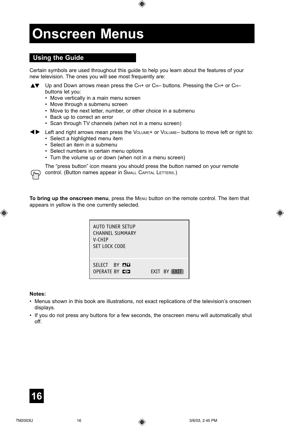 Onscreen menus, Using the guide | JVC TM-2003U User Manual | Page 16 / 40