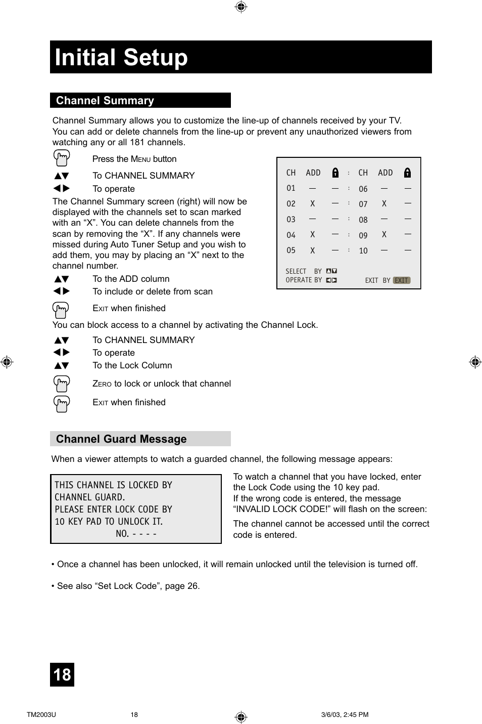 Initial setup, Channel summary channel guard message | JVC TM-2003U User Manual | Page 18 / 40