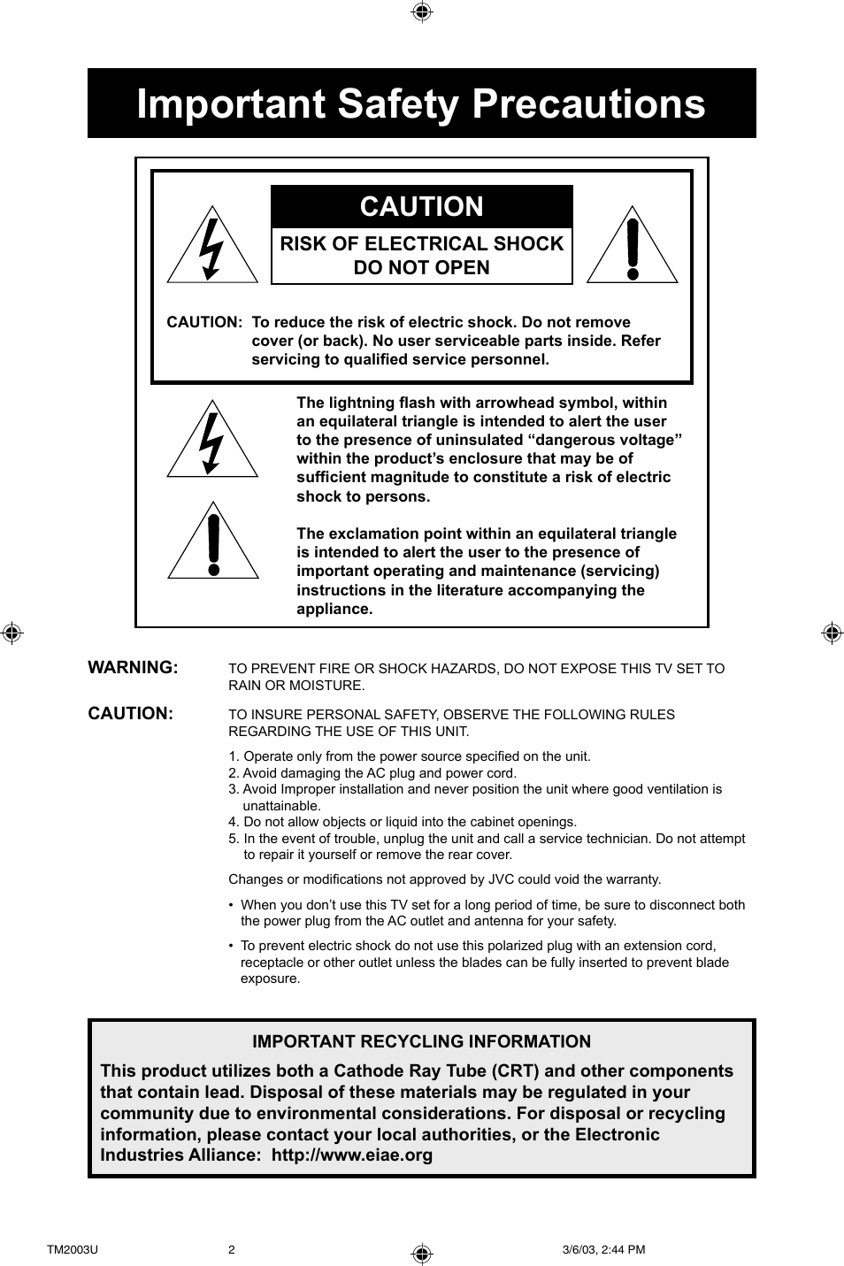 Important safety precautions, Caution, Risk of electrical shock do not open | JVC TM-2003U User Manual | Page 2 / 40
