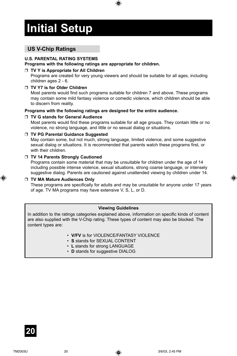 Initial setup, Us v-chip ratings | JVC TM-2003U User Manual | Page 20 / 40