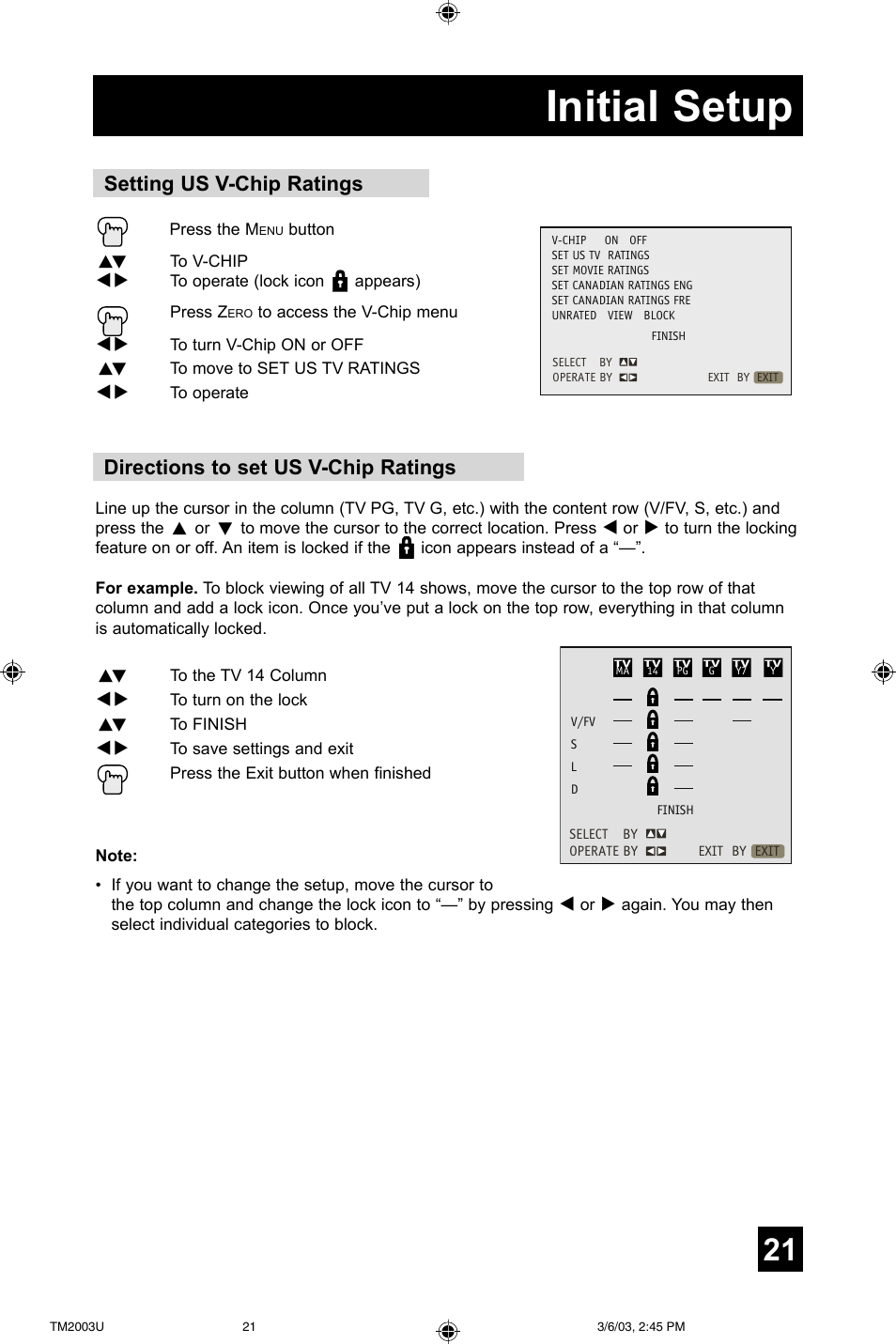 Initial setup, Directions to set us v-chip ratings, Setting us v-chip ratings | JVC TM-2003U User Manual | Page 21 / 40