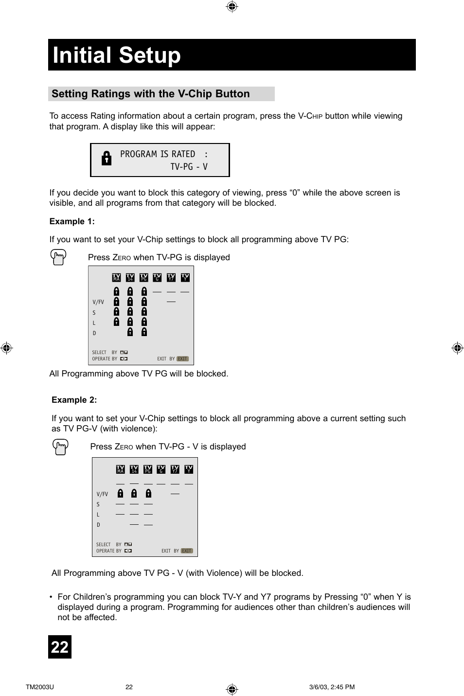 Initial setup, Setting ratings with the v-chip button, Program is rated : tv-pg - v | JVC TM-2003U User Manual | Page 22 / 40