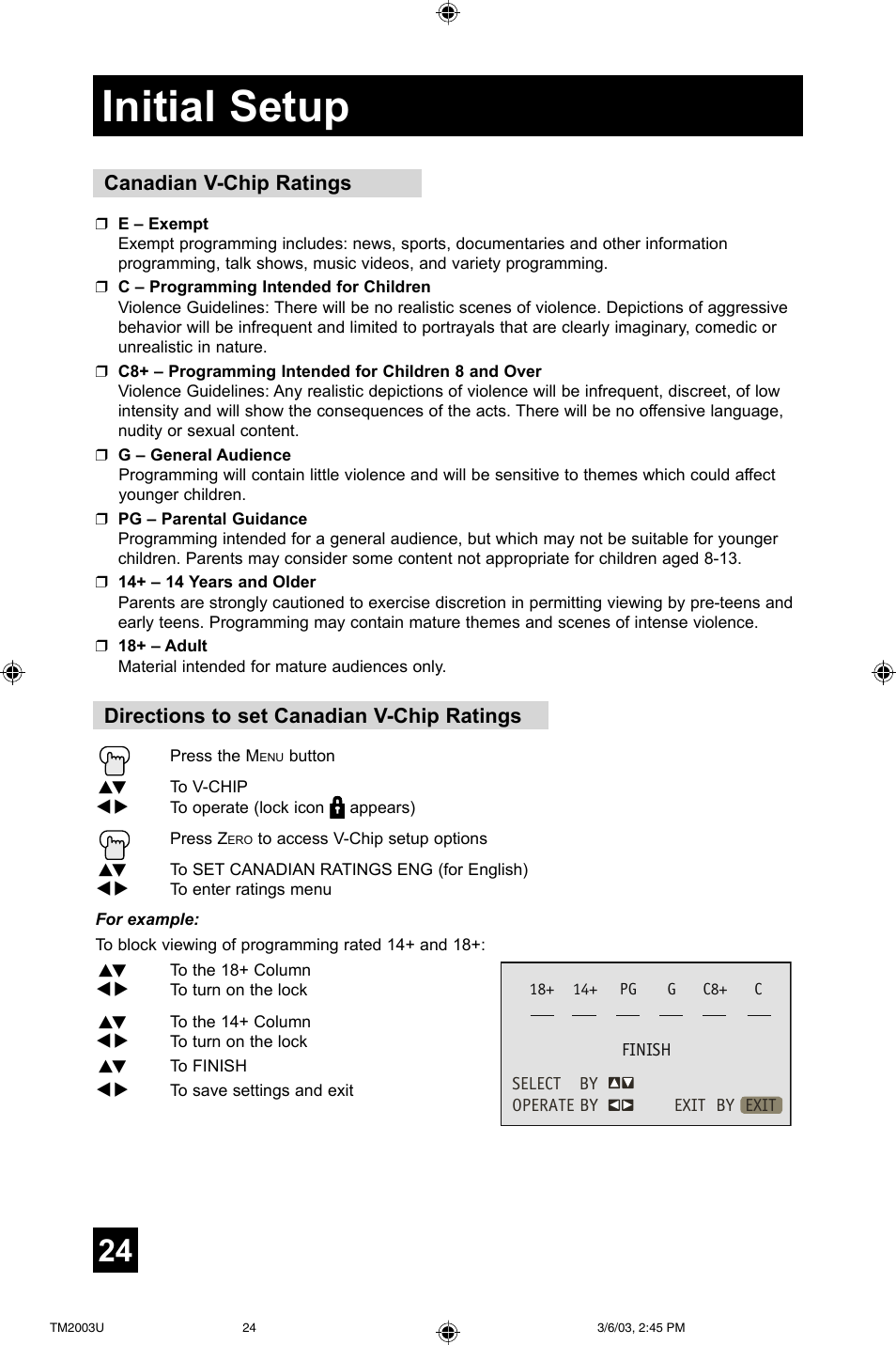 Initial setup, Directions to set canadian v-chip ratings, Canadian v-chip ratings | JVC TM-2003U User Manual | Page 24 / 40