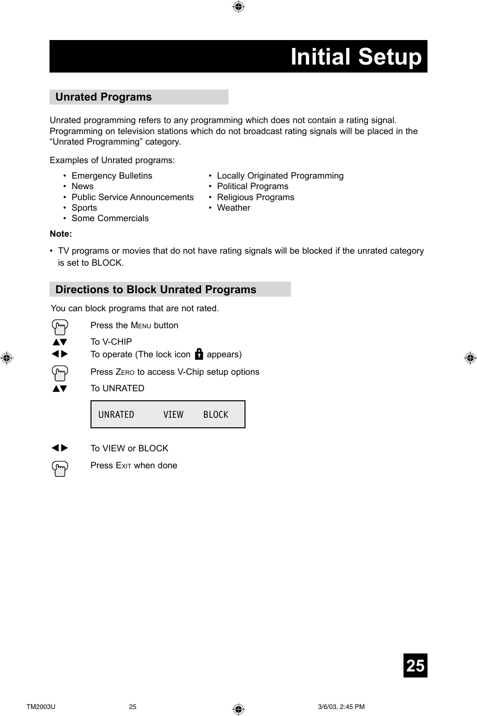 Initial setup, Directions to block unrated programs, Unrated programs | JVC TM-2003U User Manual | Page 25 / 40