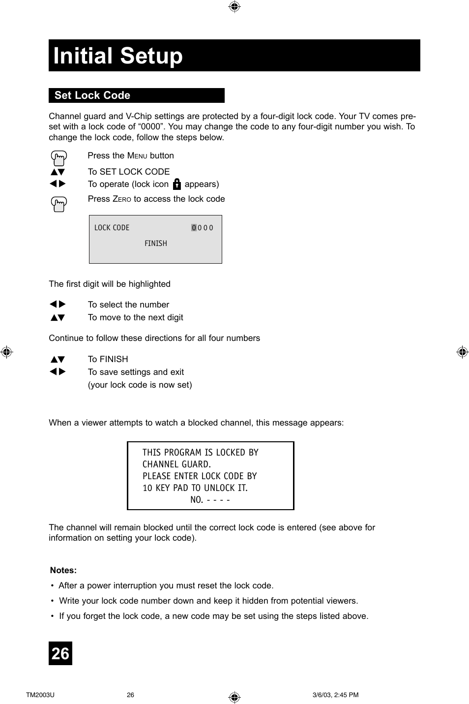 Initial setup, Set lock code | JVC TM-2003U User Manual | Page 26 / 40