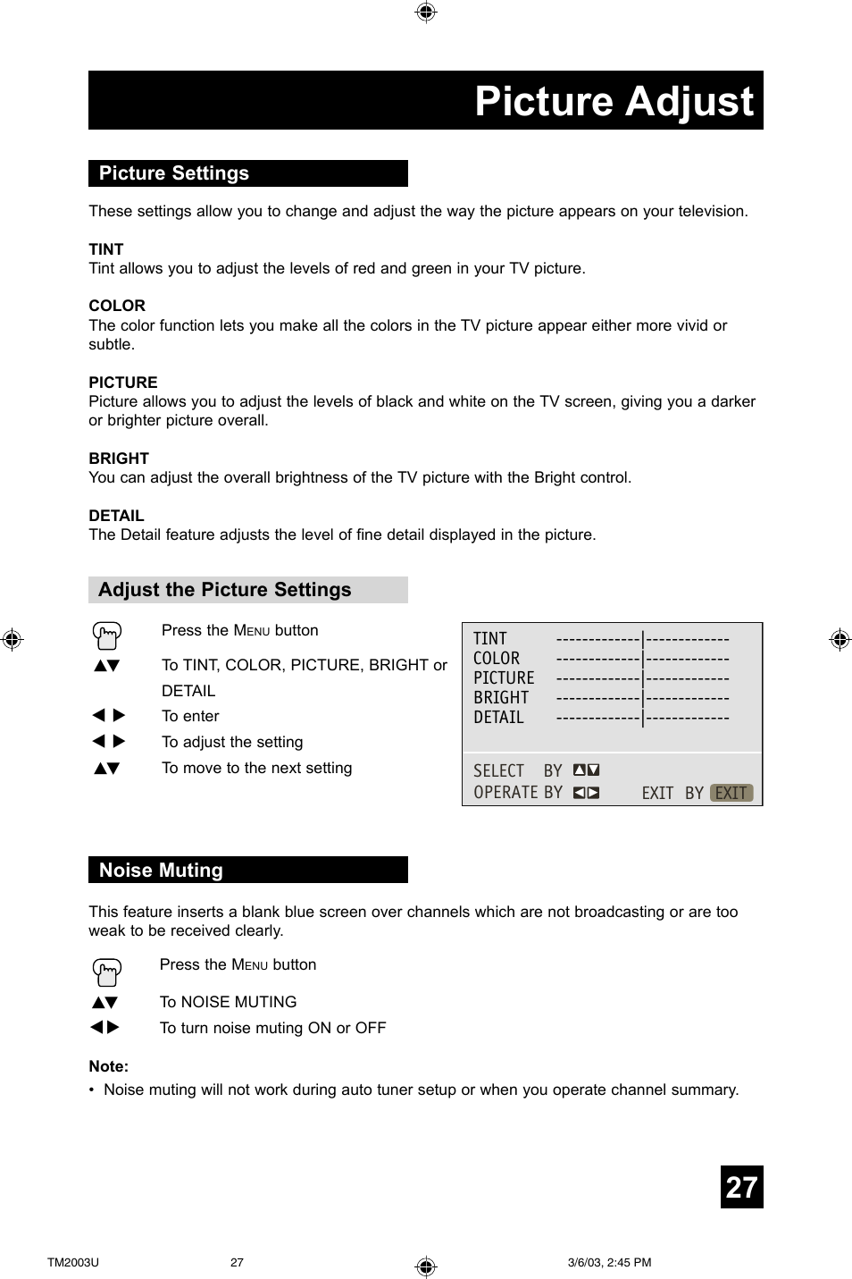 Picture adjust, Picture settings adjust the picture settings, Noise muting | JVC TM-2003U User Manual | Page 27 / 40