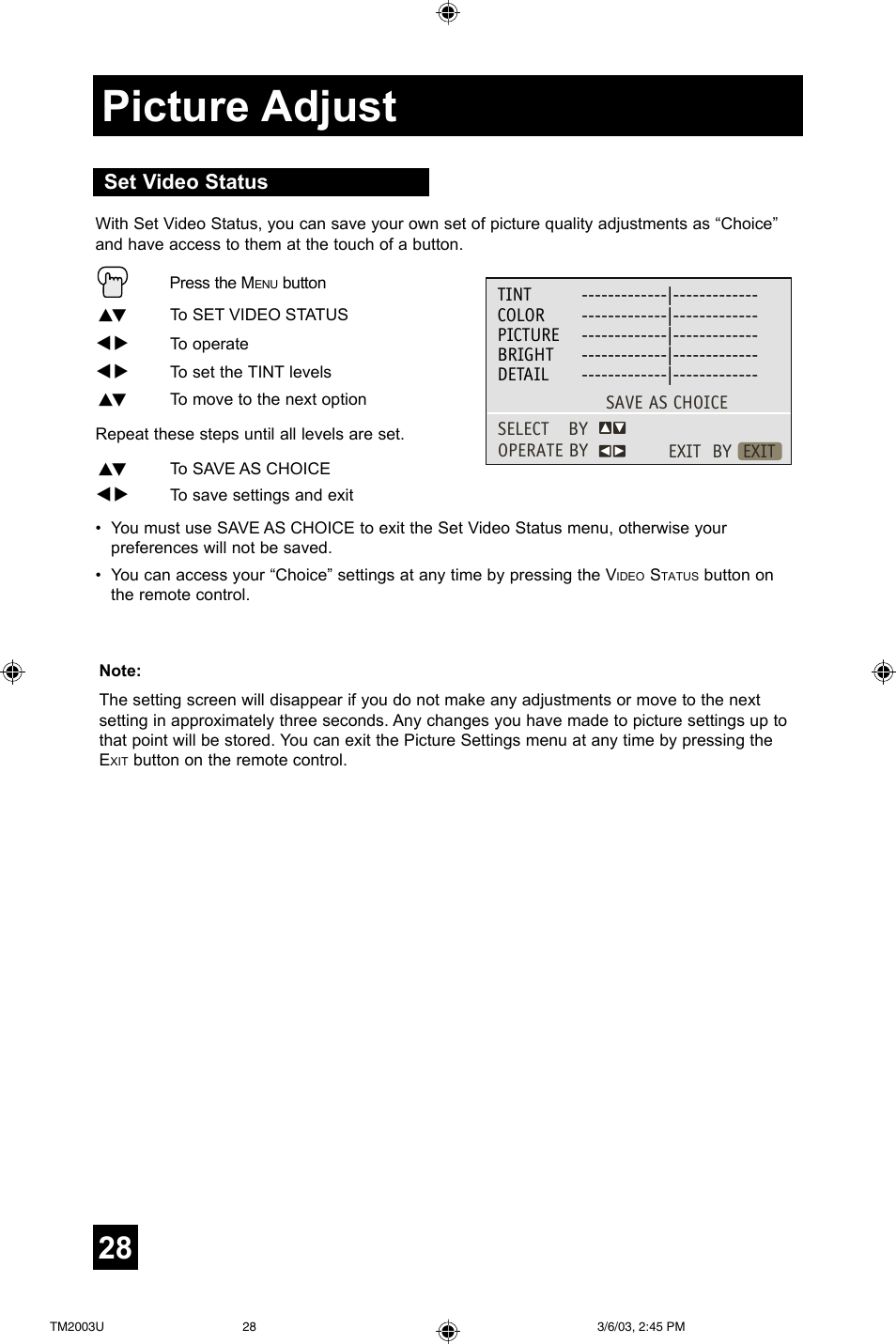 Picture adjust, Set video status | JVC TM-2003U User Manual | Page 28 / 40