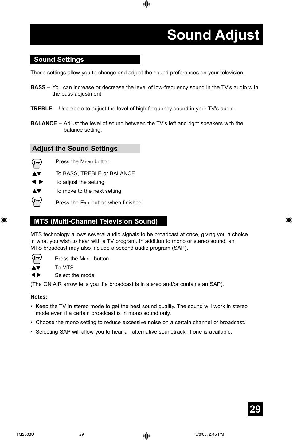 Sound adjust | JVC TM-2003U User Manual | Page 29 / 40