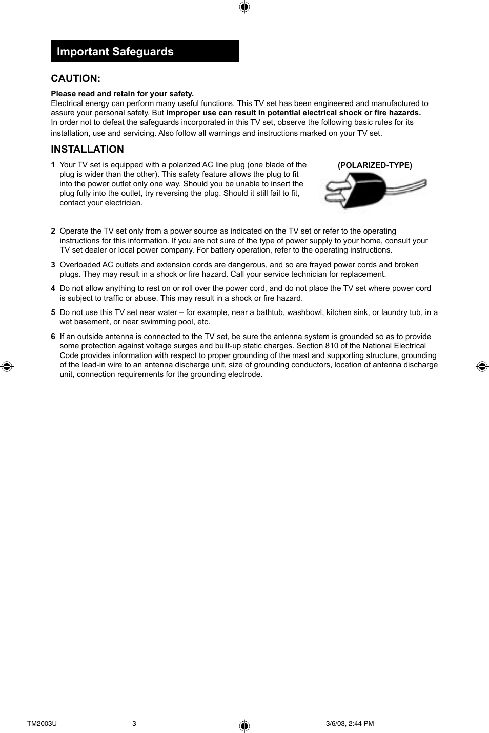 Important safeguards, Caution, Installation | JVC TM-2003U User Manual | Page 3 / 40
