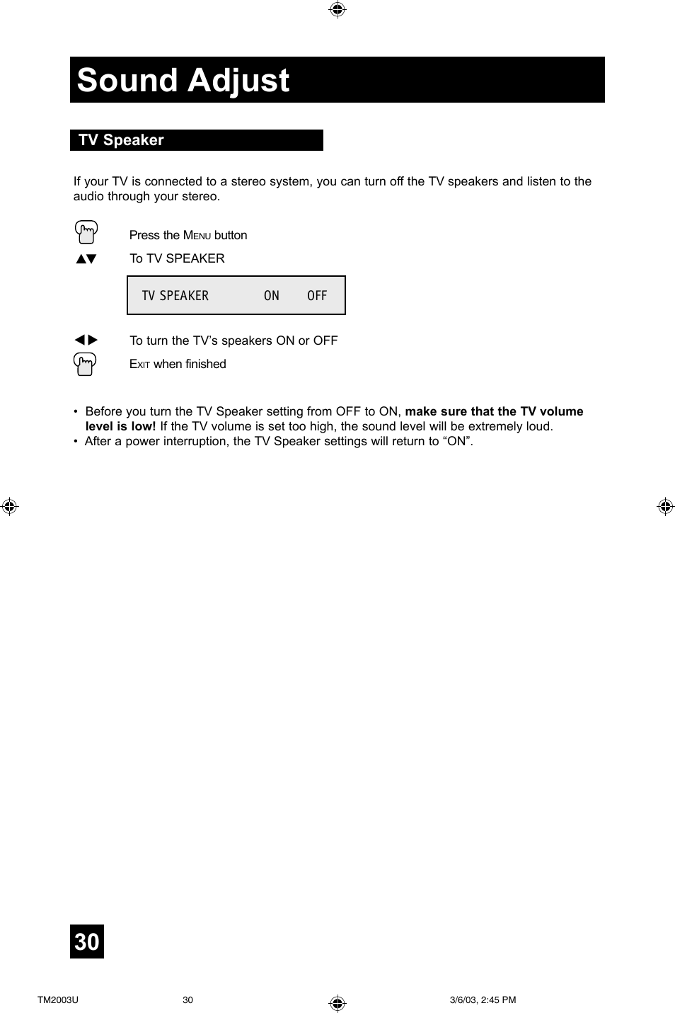 Sound adjust | JVC TM-2003U User Manual | Page 30 / 40