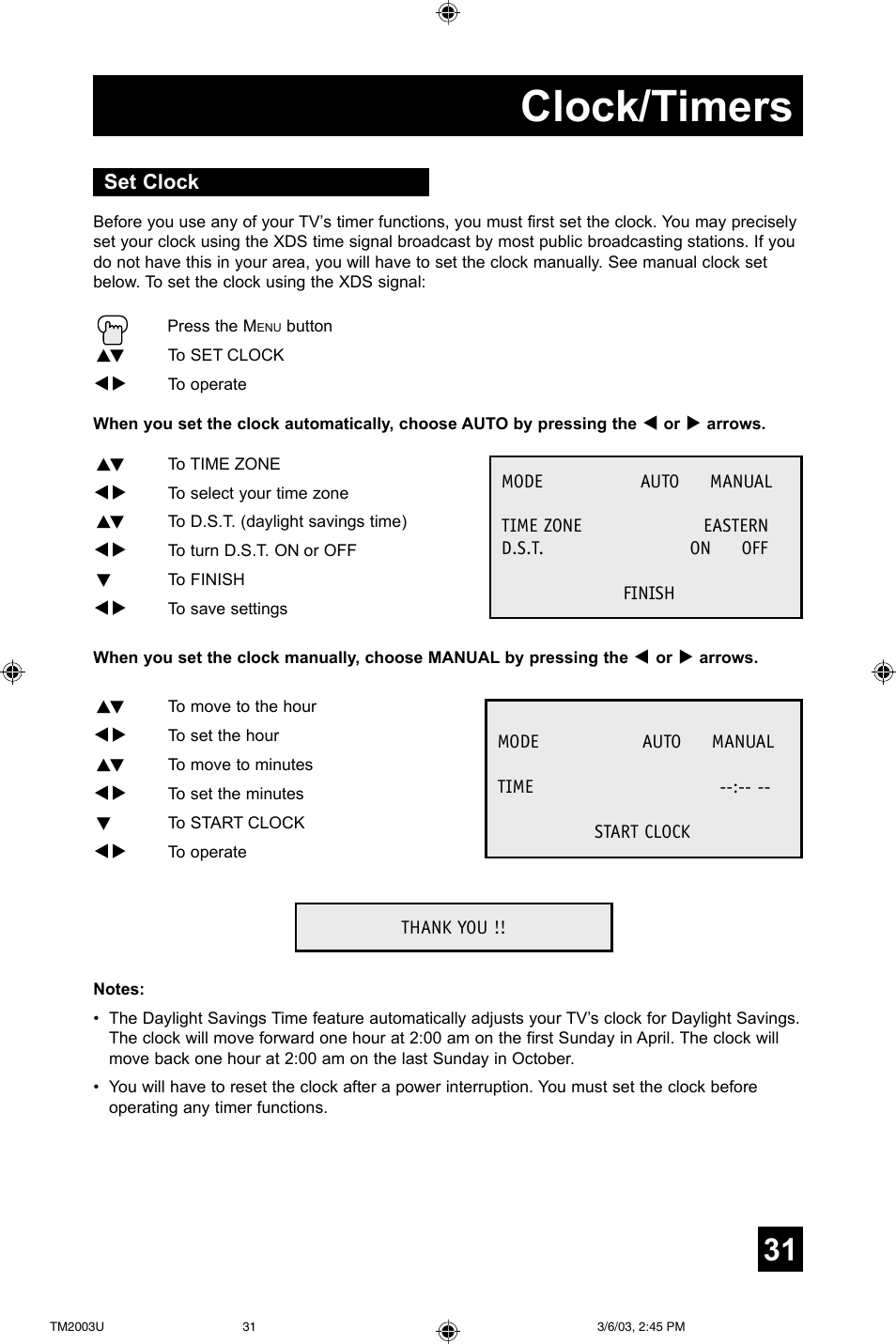 Clock/timers, Set clock | JVC TM-2003U User Manual | Page 31 / 40
