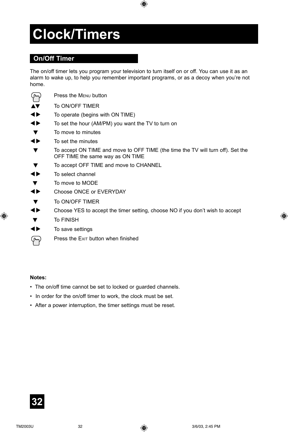 Clock/timers, On/off timer | JVC TM-2003U User Manual | Page 32 / 40