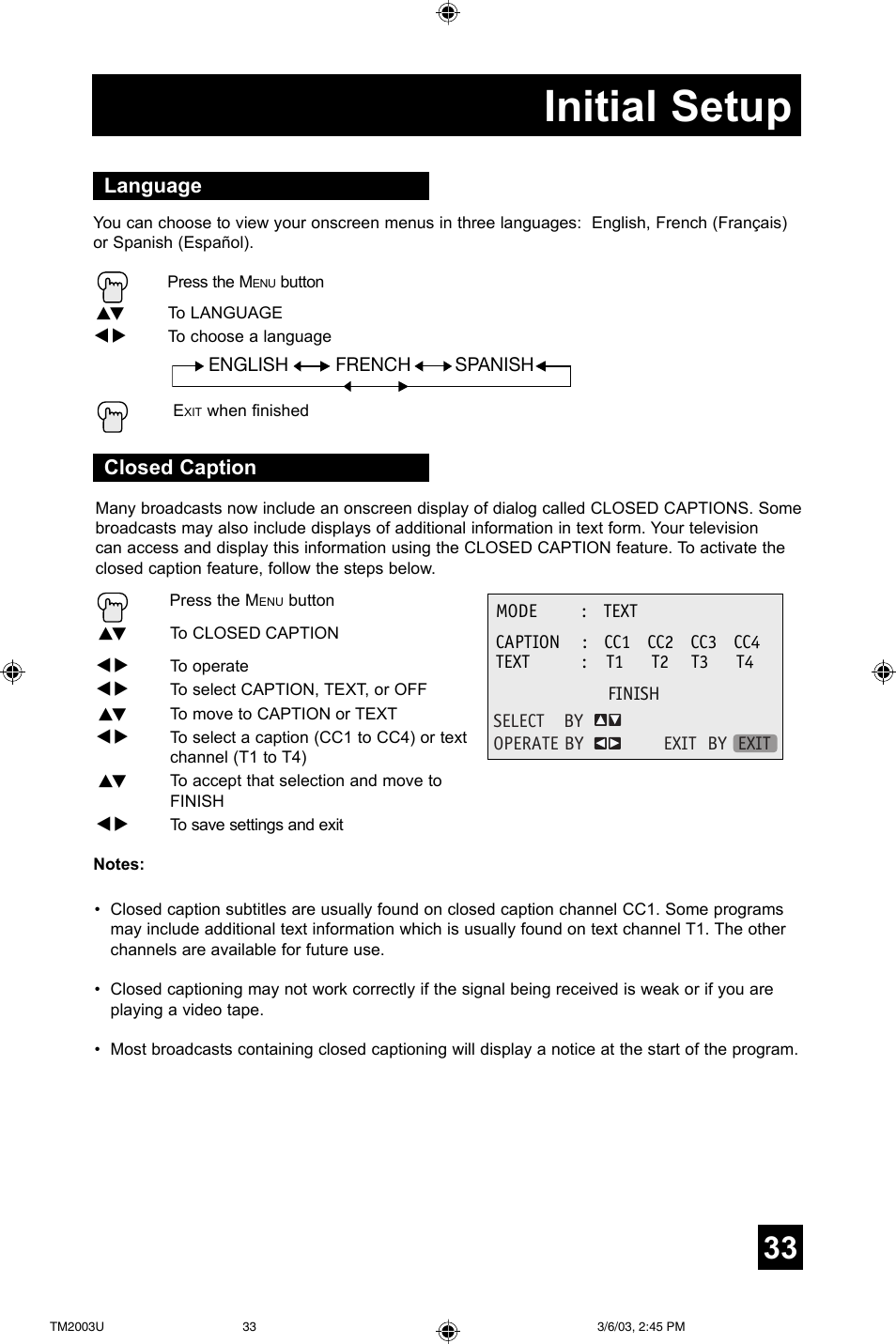 Initial setup, Language, Closed caption | JVC TM-2003U User Manual | Page 33 / 40