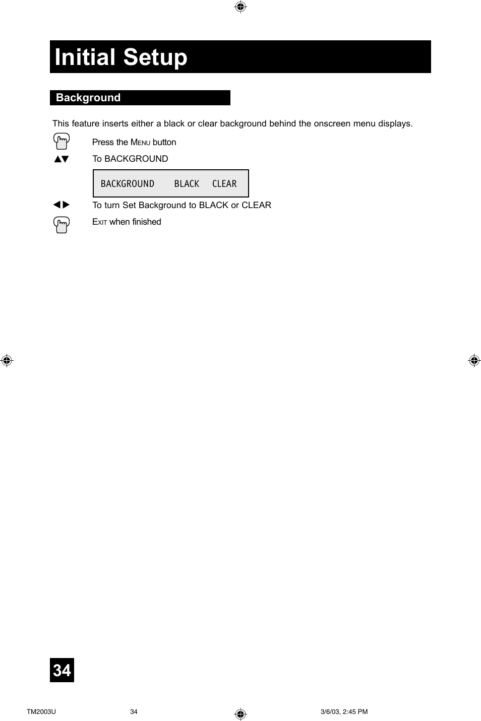 Initial setup | JVC TM-2003U User Manual | Page 34 / 40