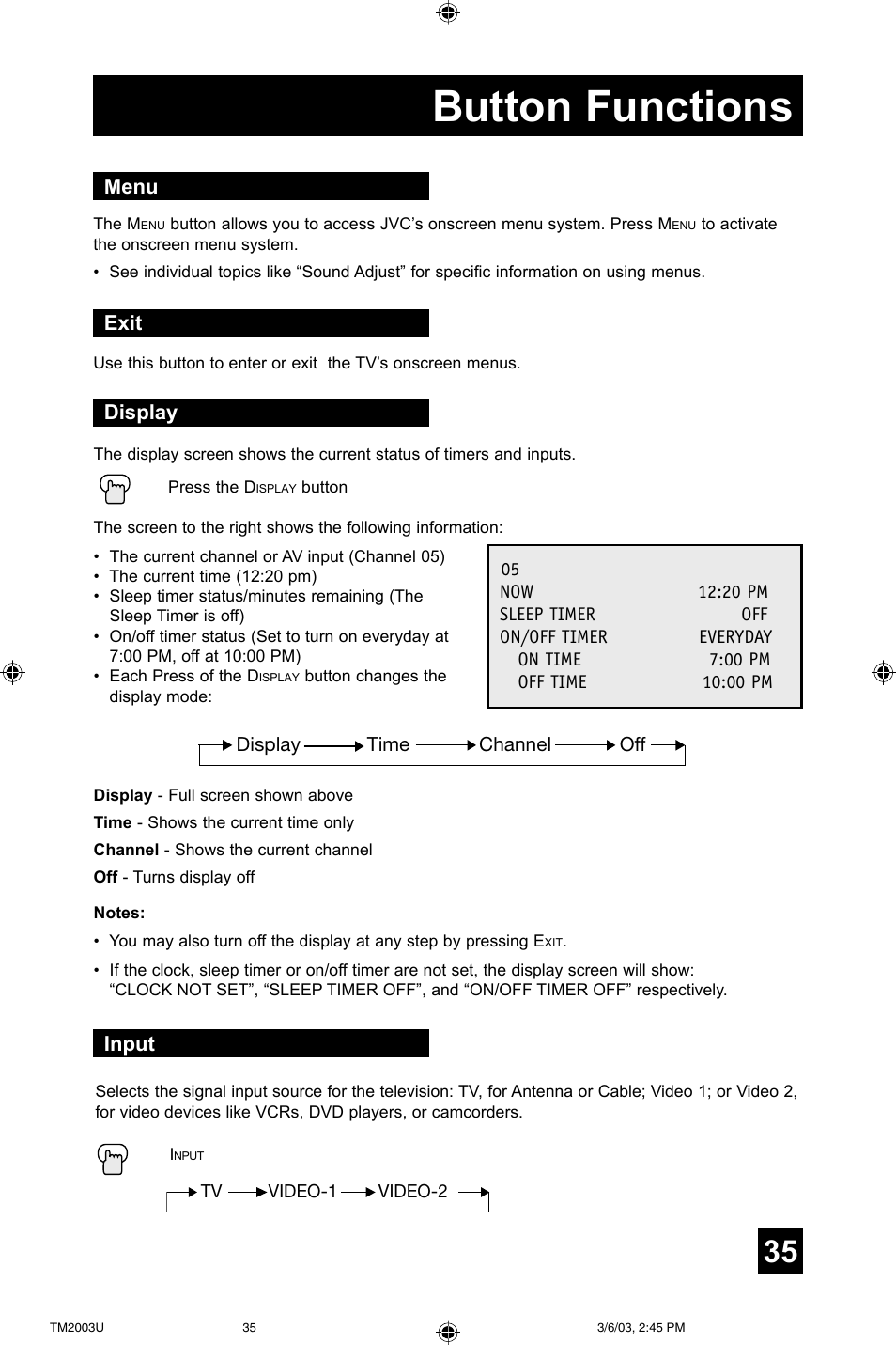 Button functions, Menu, Exit | Display, Input | JVC TM-2003U User Manual | Page 35 / 40