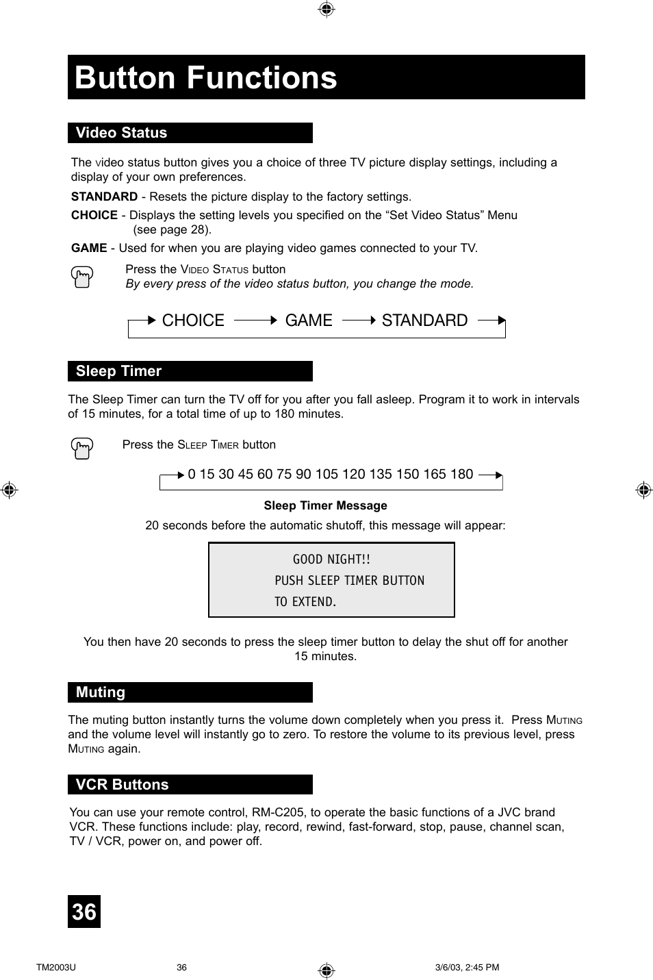 Button functions, Choice game standard, Video status | Muting, Sleep timer vcr buttons | JVC TM-2003U User Manual | Page 36 / 40