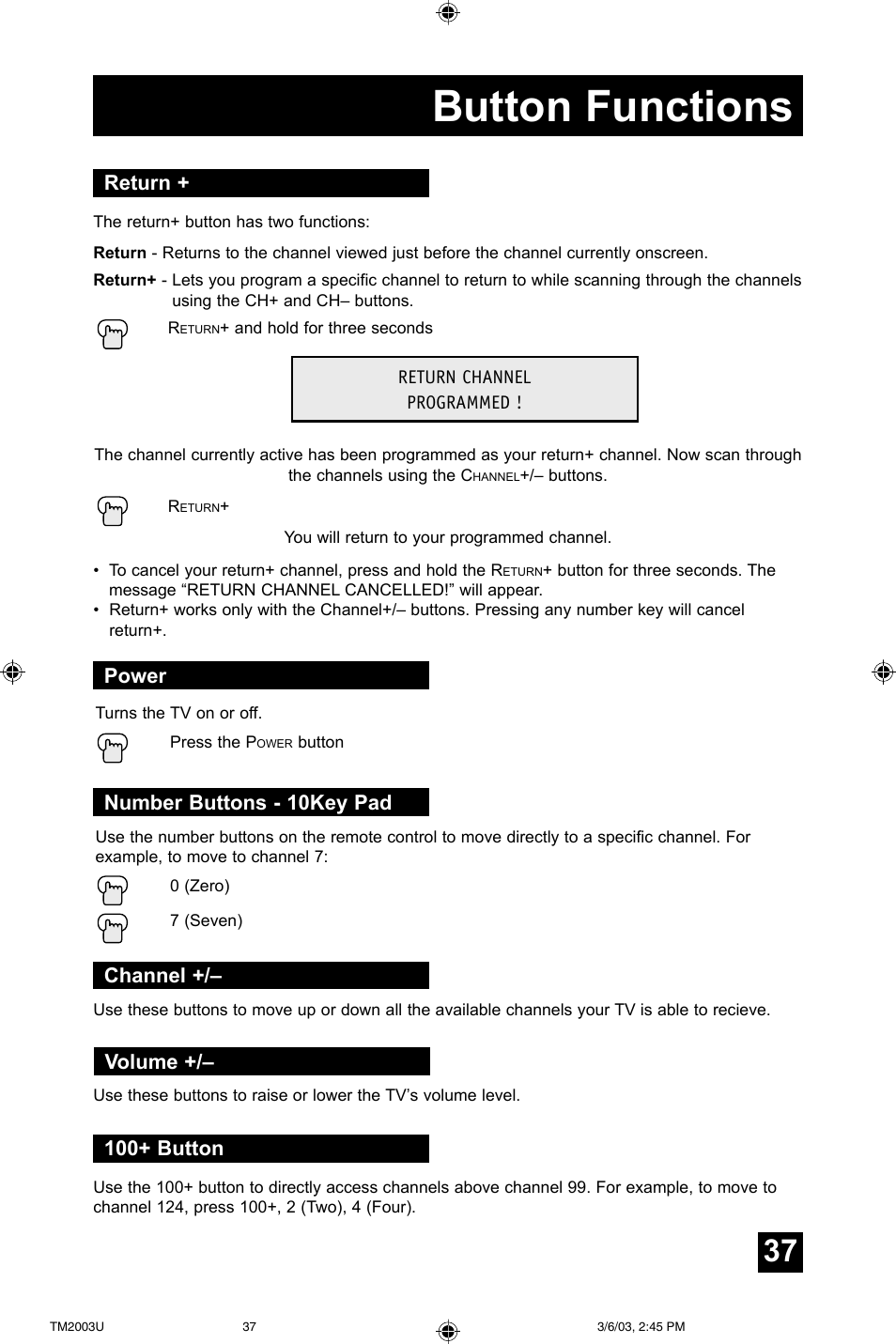 Button functions, Return, Power | Number buttons - 10key pad, 100+ button, Channel, Volume | JVC TM-2003U User Manual | Page 37 / 40