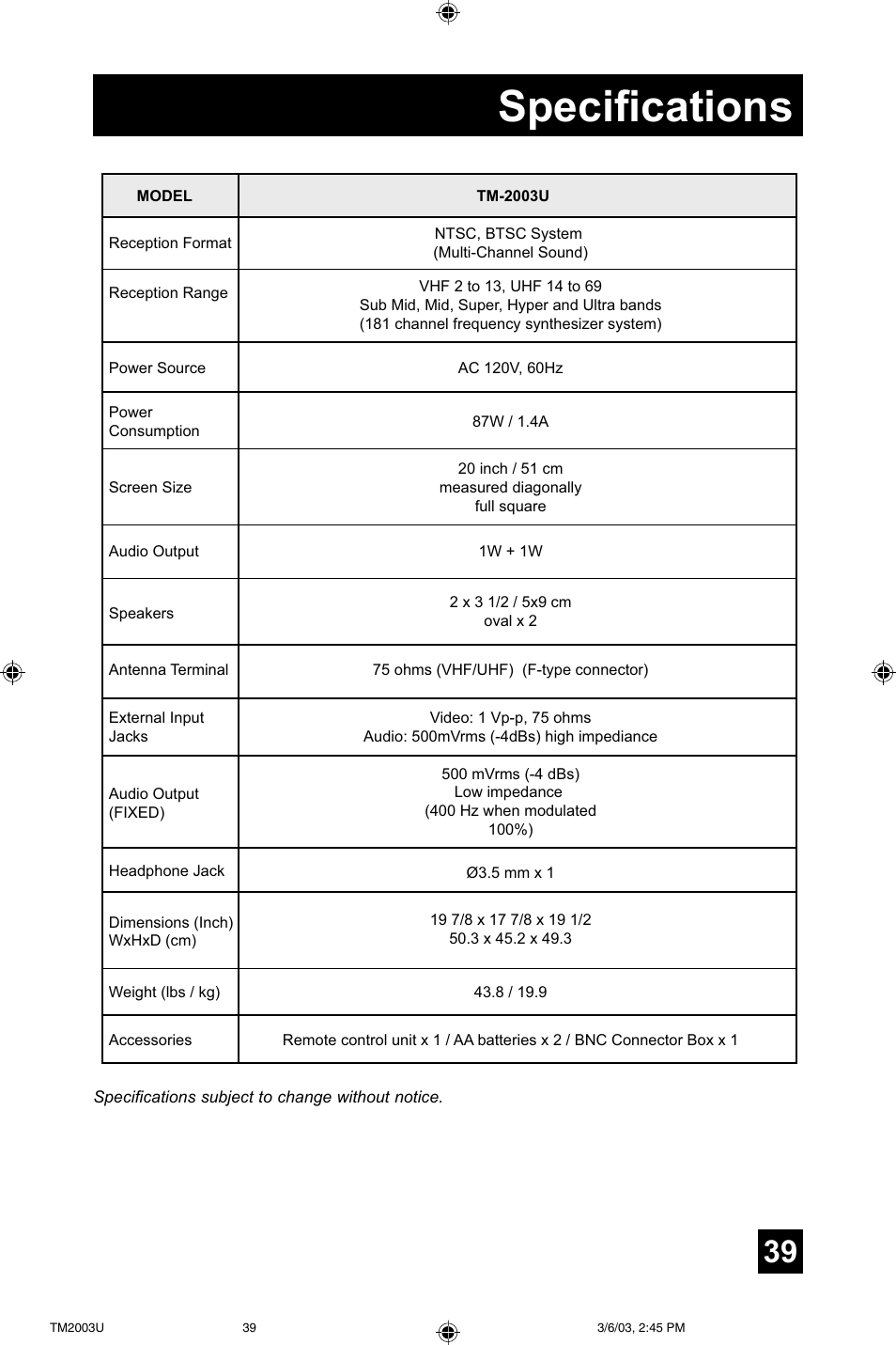 Specifications | JVC TM-2003U User Manual | Page 39 / 40