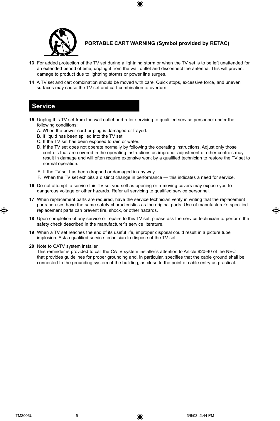 Service | JVC TM-2003U User Manual | Page 5 / 40