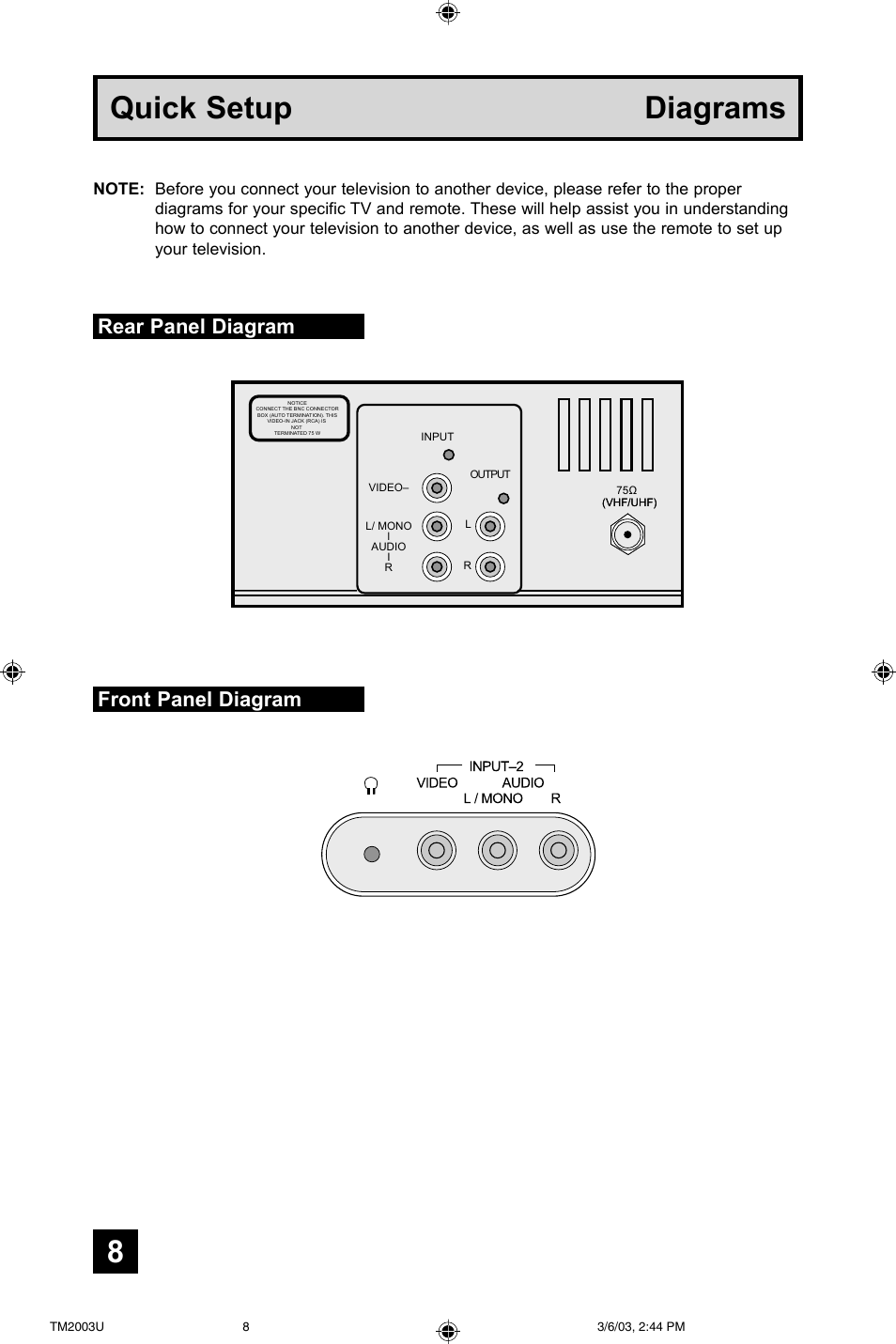 Quick setup diagrams, Rear panel diagram front panel diagram | JVC TM-2003U User Manual | Page 8 / 40