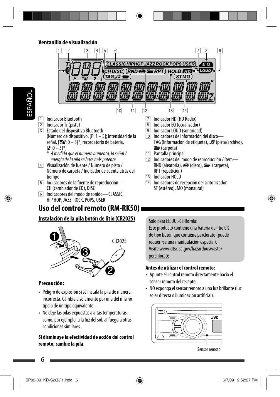 Uso del control remoto (rm-rk50), 6español | JVC GET0642-001A User Manual | Page 42 / 73