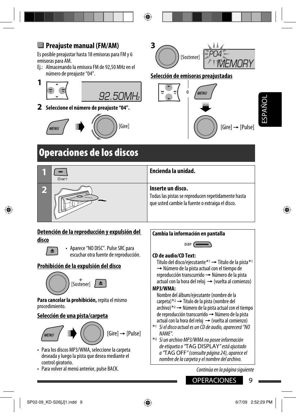 Operaciones de los discos, Preajuste manual (fm/am), 9operaciones español | JVC GET0642-001A User Manual | Page 45 / 73