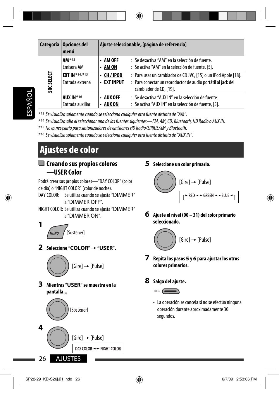 Ajustes de color, Creando sus propios colores —user color, 26 ajustes español | JVC GET0642-001A User Manual | Page 62 / 73