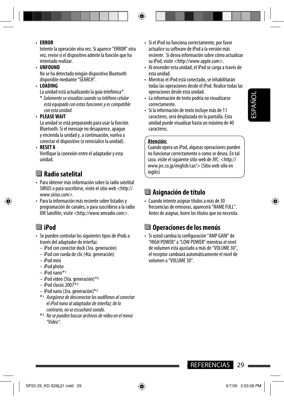 Radio satelital, Ipod, Asignación de título | Operaciones de los menús, 29 referencias español | JVC GET0642-001A User Manual | Page 65 / 73