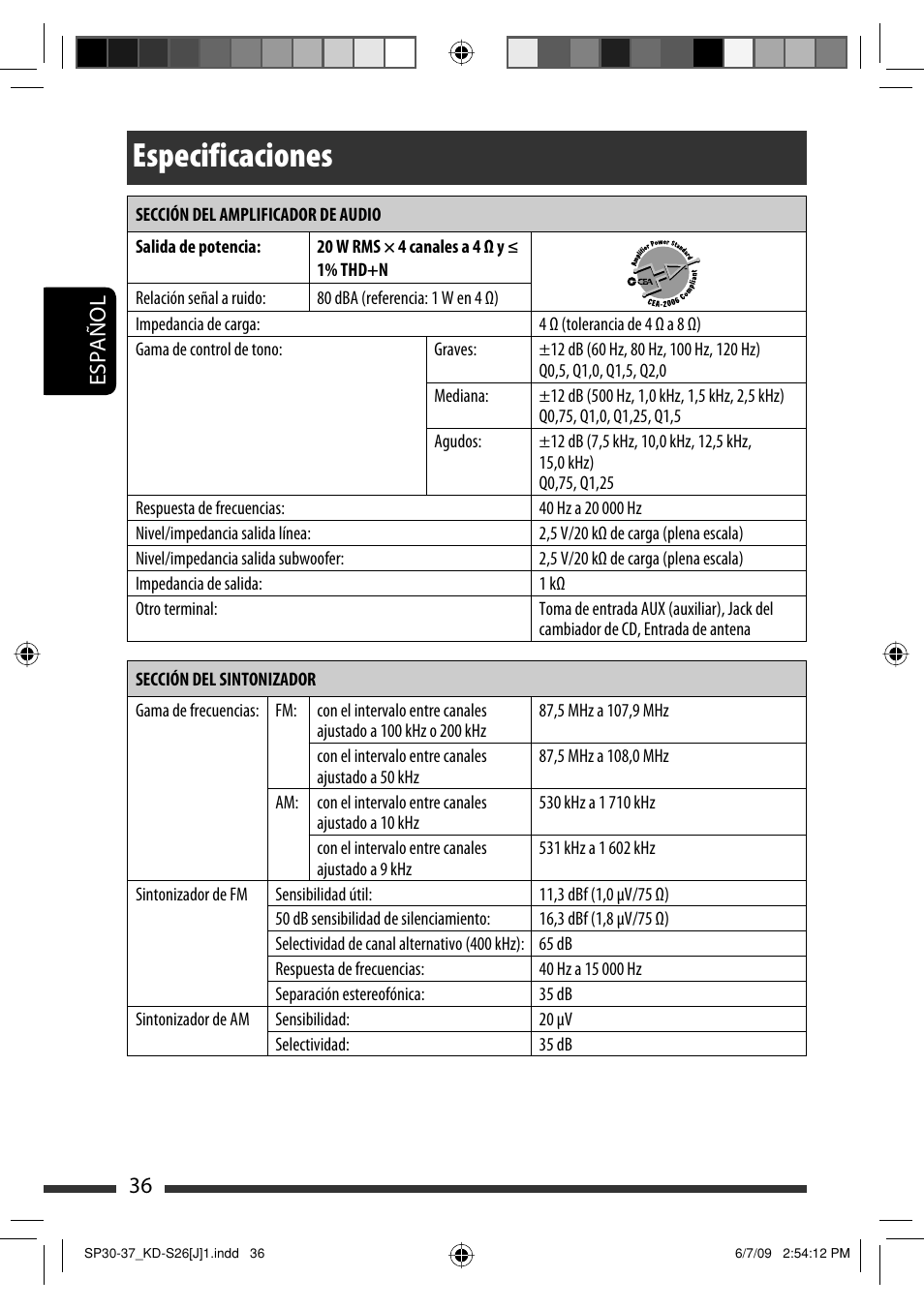 Especificaciones, 36 español | JVC GET0642-001A User Manual | Page 72 / 73