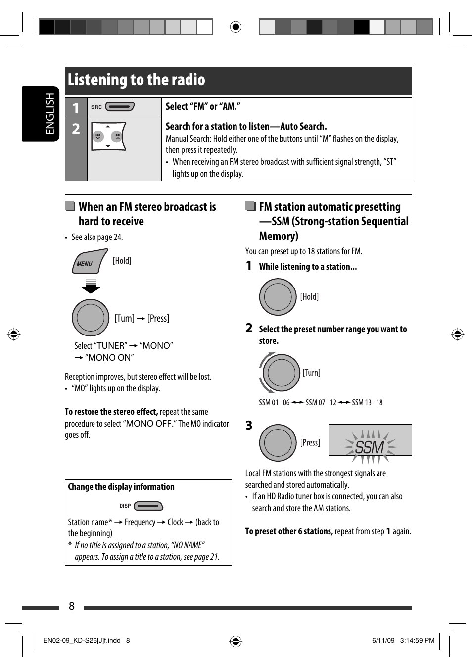 Listening to the radio, When an fm stereo broadcast is hard to receive | JVC GET0642-001A User Manual | Page 8 / 73