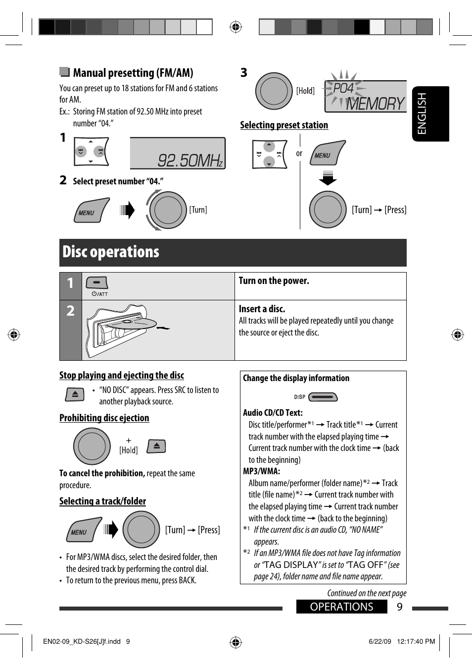 Disc operations, Manual presetting (fm/am), English 9 operations | JVC GET0642-001A User Manual | Page 9 / 73