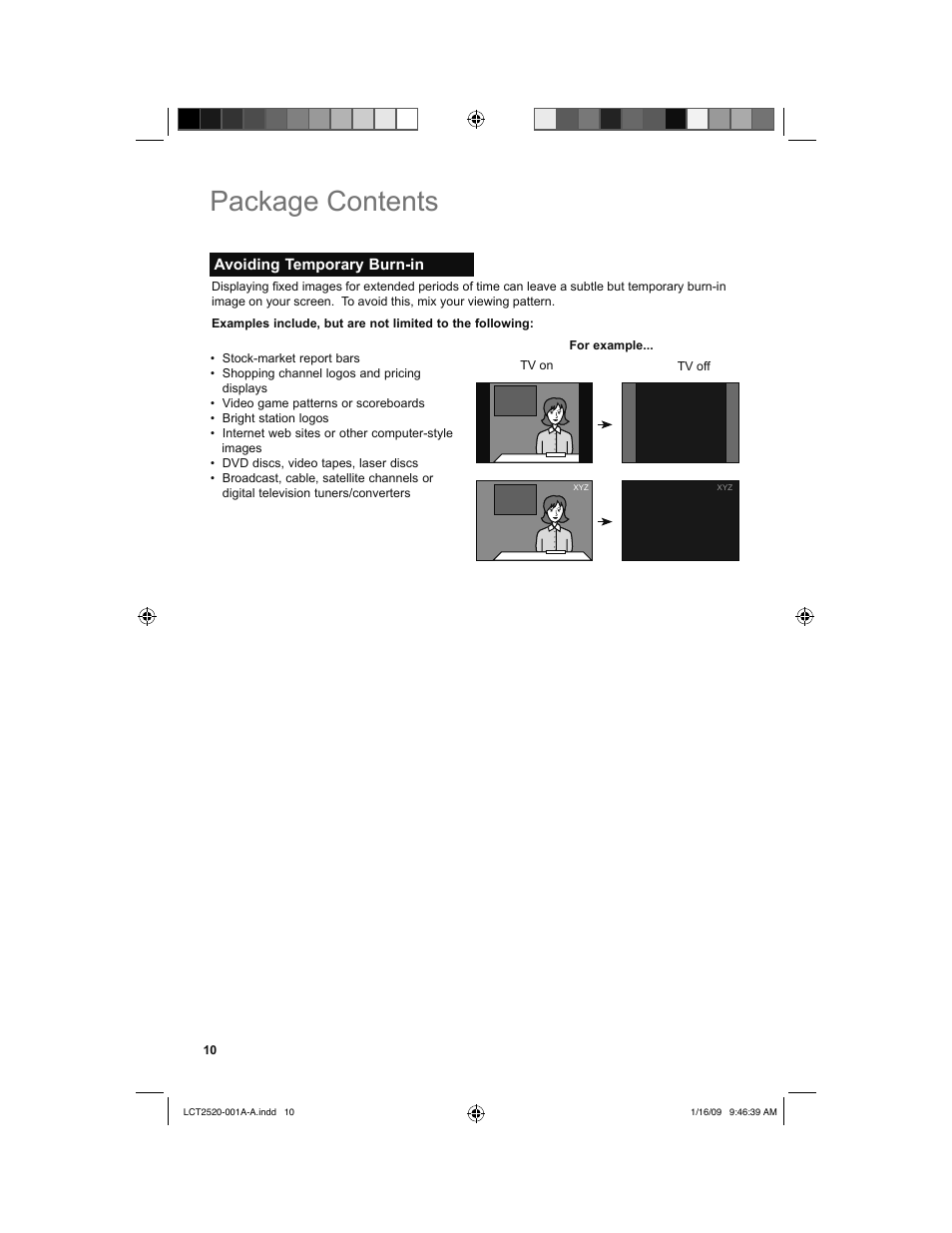 Avoiding temporary burn-in, Package contents | JVC 0109TSH-II-IM User Manual | Page 10 / 56