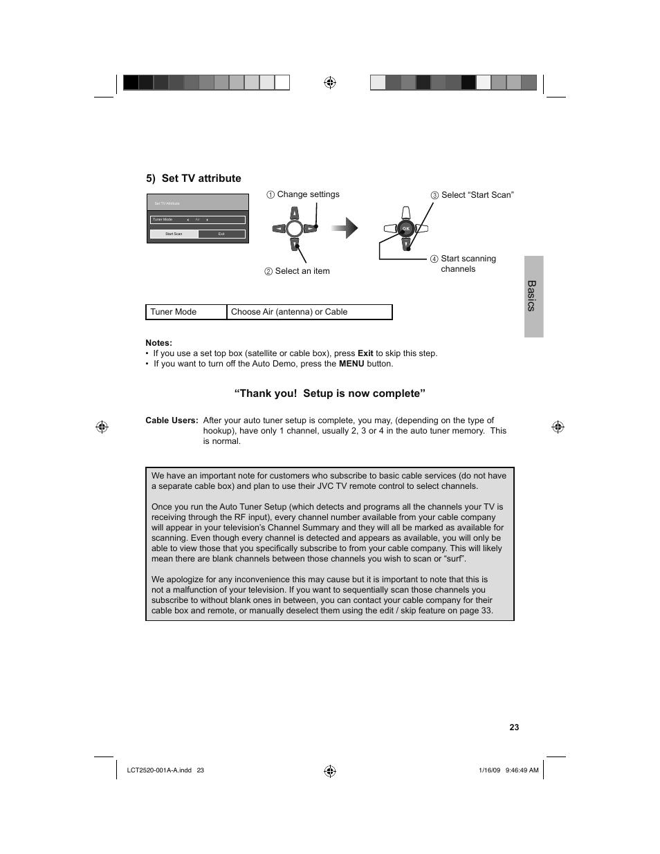 5) set tv attribute, Basics | JVC 0109TSH-II-IM User Manual | Page 23 / 56