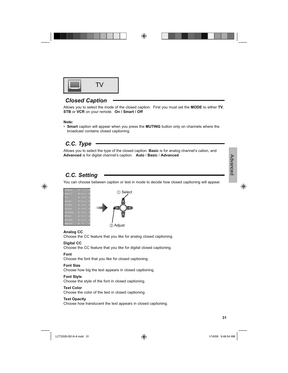 Closed caption, C.c. type, C.c. setting | Advanced | JVC 0109TSH-II-IM User Manual | Page 31 / 56