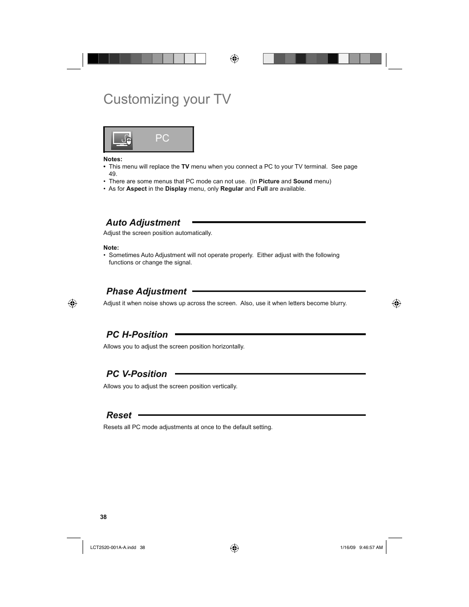 Auto adjustment, Phase adjustment, Pc h-position | Pc v-position, Reset, Customizing your tv | JVC 0109TSH-II-IM User Manual | Page 38 / 56