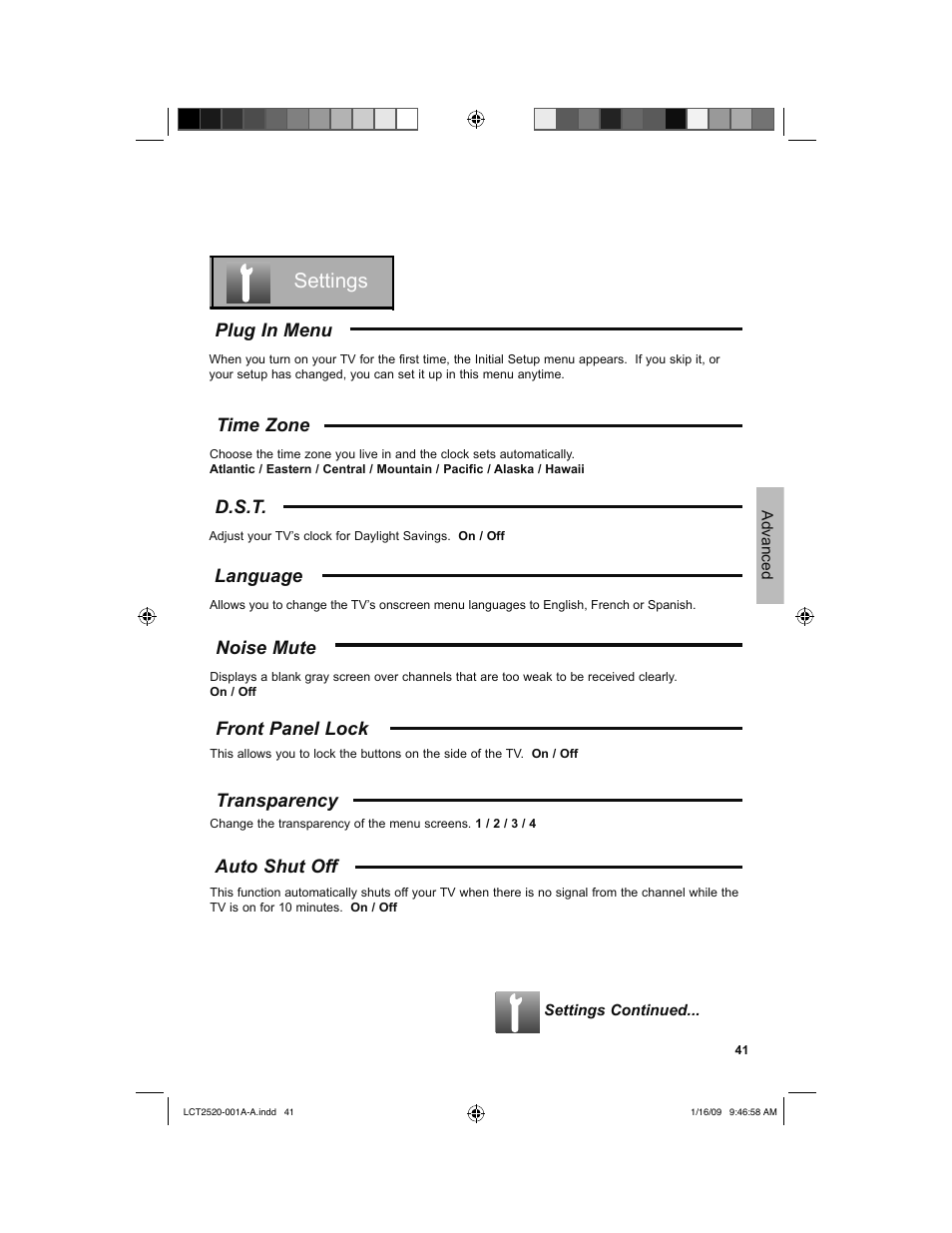 Settings, Plug in menu, Time zone | D.s.t, Language, Noise mute, Front panel lock, Transparency, Auto shut off, Time zone d.s.t | JVC 0109TSH-II-IM User Manual | Page 41 / 56