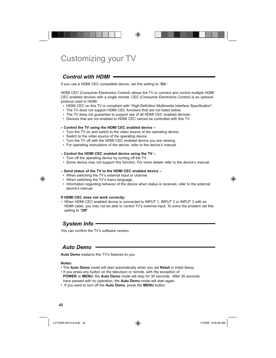 Control with hdmi, System info, Auto demo | Customizing your tv, System info auto demo | JVC 0109TSH-II-IM User Manual | Page 42 / 56